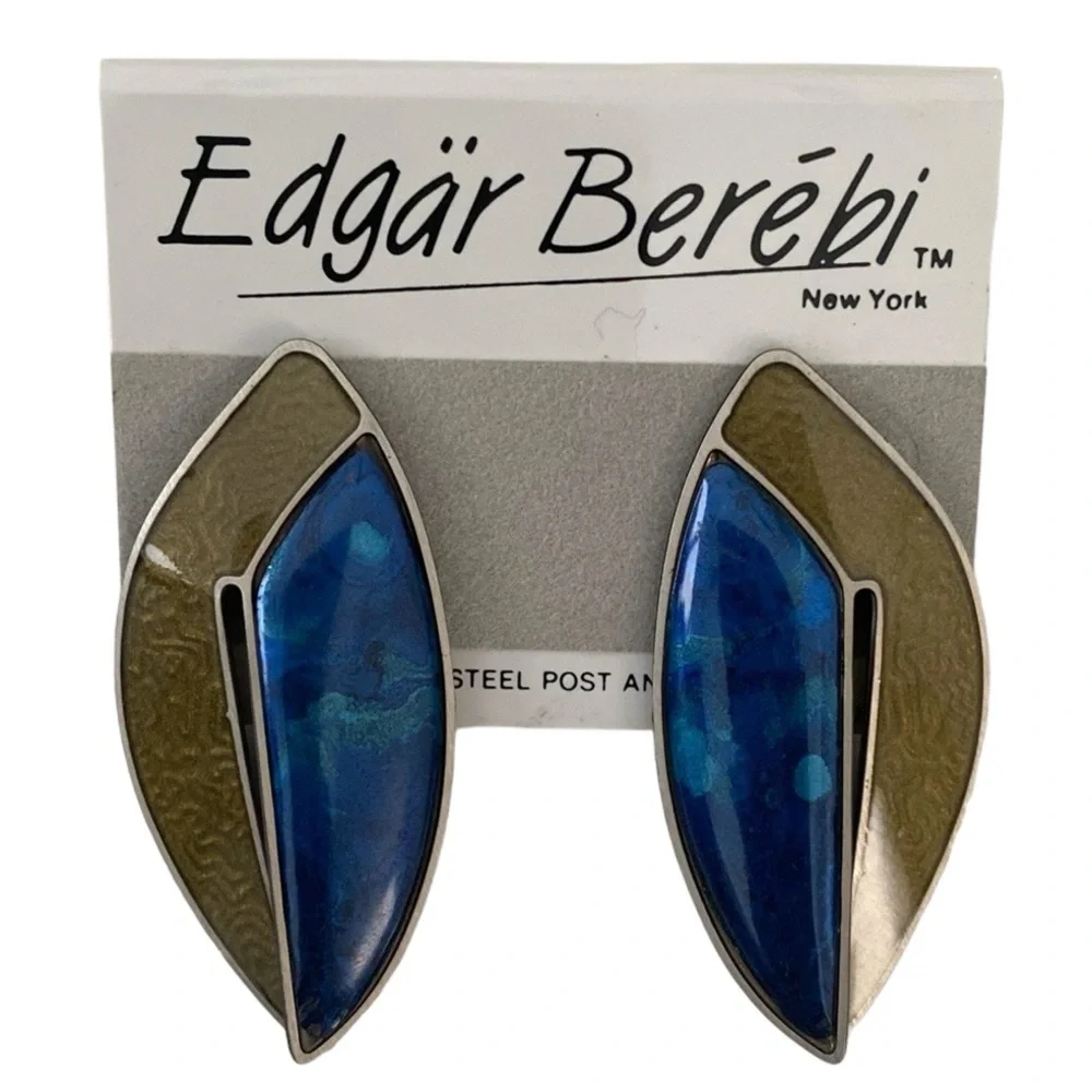 Edgar Berebi Vintage Enamel Blue Green Metal Earrings